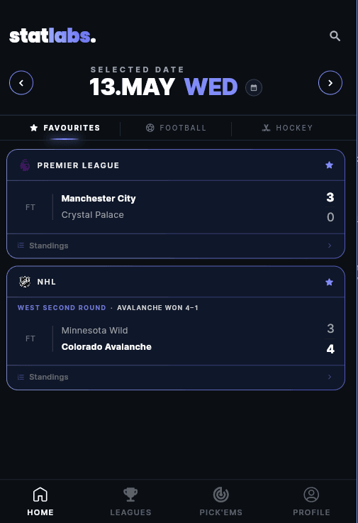 StatLabs home — fixture list with date selector