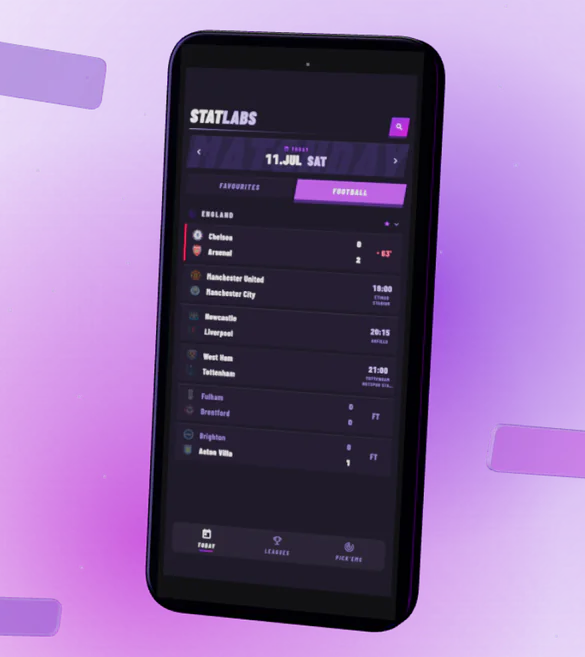 StatLabs i en telefon: Idag-vyn med dagens matcher i Premier League